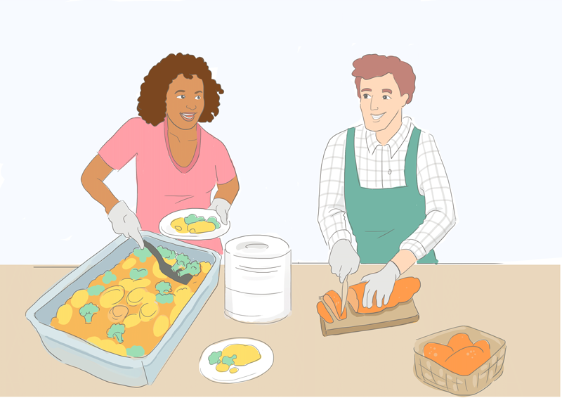 Eine Frau gibt Essen aus, ein Mann schneidet Brot. Bild: © Inkl. Design Eine Frau gibt Essen aus, ein Mann schneidet Brot. Bild: © Inkl. Design